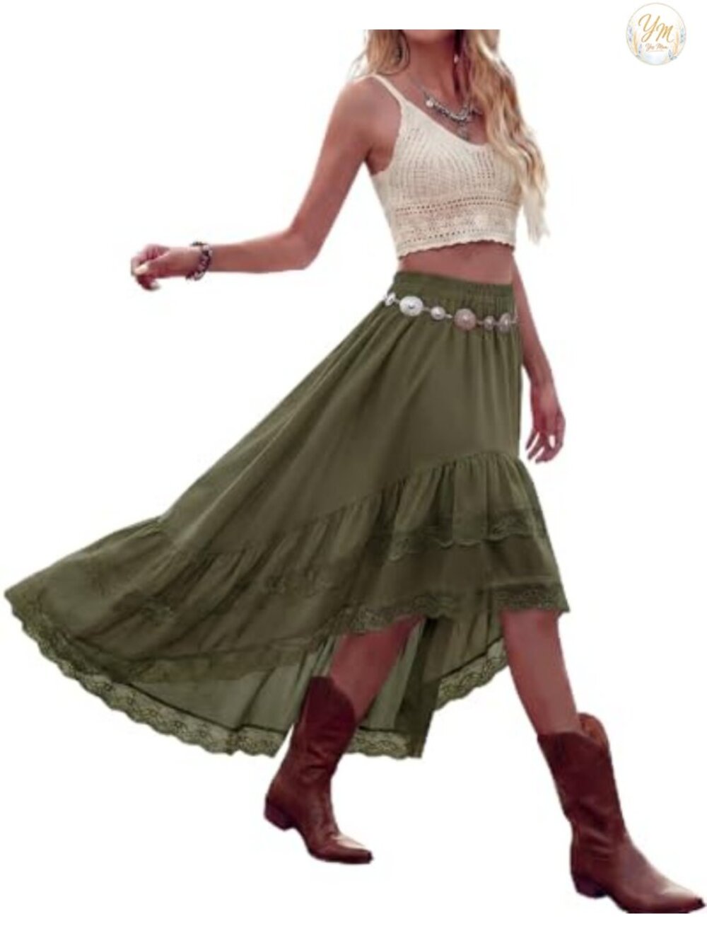 Women Boho High Low Lace Ruffle Skirt Asymmetrical Maxi Elastic Waist